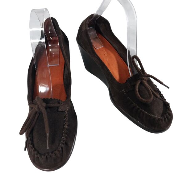 AEROSOLES! ESPRESSO BROWN GENUINE SUEDE LEATHER WEDGE HEELS LOAFERS! SZ 9M - Picture 2 of 10